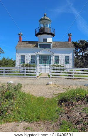 Point Pinos the oldest continuously operating lighthouse on the west coast on Monterey Bay in Pacific Grove California vertical