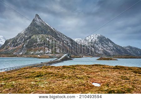 Fredvang Bridges in winter. Lofoten islands, Norway