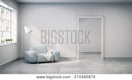 scandinavian style interior designlight gray sofa with lamp on white wall and concrete flooring 3d render