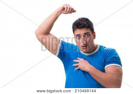 Man sweating excessively smelling bad isolated on white backgrou