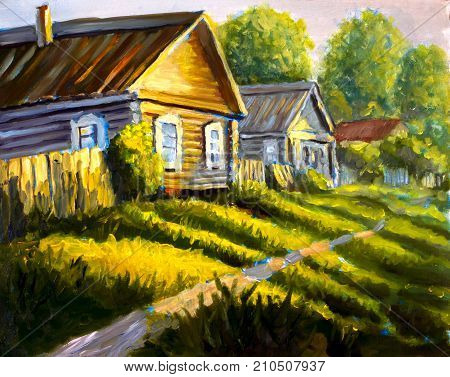 Original oil painting Rural old houses rural landscape on canvas. Beautiful Bright sunny green grass road through the village illustration - Modern impressionism painting.