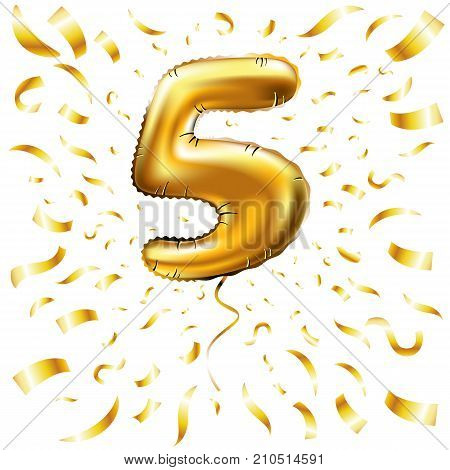 Vector Happy Birthday Gold Number Five Metallic Balloon. 5 Party Decoration. Anniversary Sign For Ho