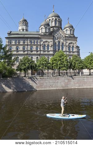 St. Petersburg, Russia - June 17, 2017: Sapsulf on the Karpovka River opposite St. John's Convent in St. Petersburg