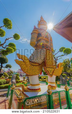 Guardian Giant In  Wat Arun The Temple Of Dawn In Bangkok, Thailand