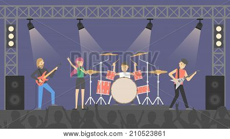 People at rock concert. Guitarist and drummer, singer and bass.