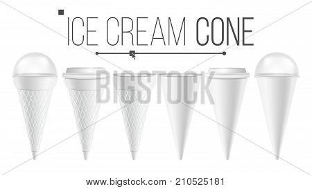 White Ice Cream Cone Mock Up Set Vector. For Ice Cream, Sour Cream. Different Food Bucket Cone Container. White Empty Blank. Isolated