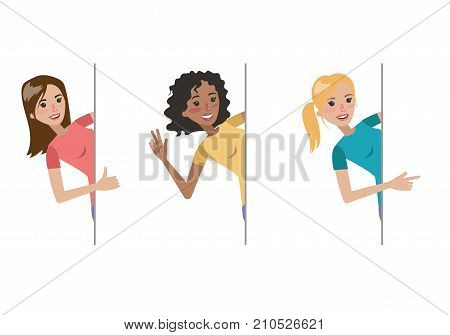 Peeking women set. Women peek out of template banners.