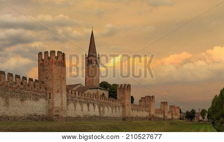 Montagnana Italy - August 6 2017: a fortified city wall made of red brick