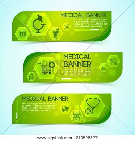 Medicine green horizontal banners set with science and treatment symbols flat isolated vector illustration