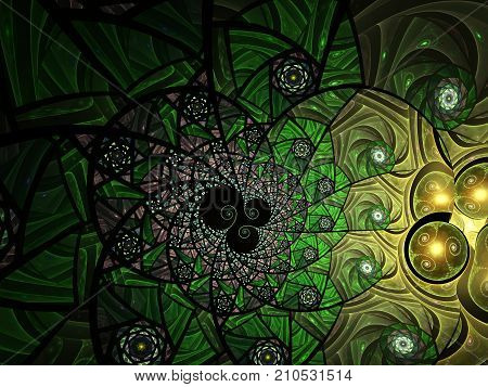 Spiral mosaic fractal pattern. Floral mosaic stain glass composition in green tone