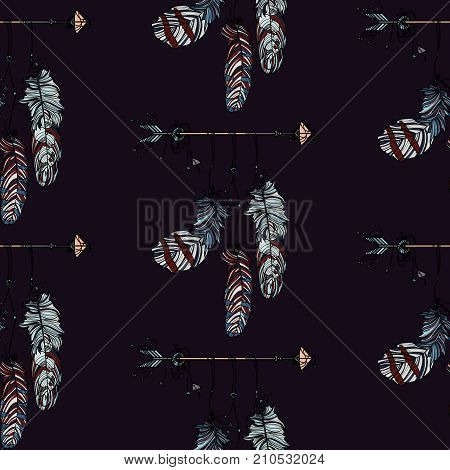 Boho stile. Seamless pattern with hand drawn dreamcatcher with athnic arrow and beautiful feathers on dark background.