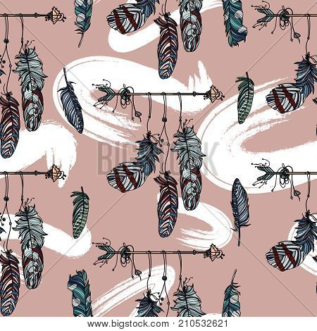 Boho stile. Seamless pattern with hand drawn dreamcatcher with athnic arrow and beautiful feathers on pink background.
