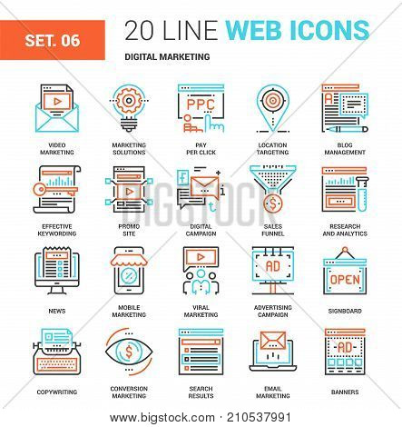Vector set of digital marketing line web icons. Each icon with adjustable strokes neatly designed on pixel perfect 64X64 size grid. Fully editable and easy to use.