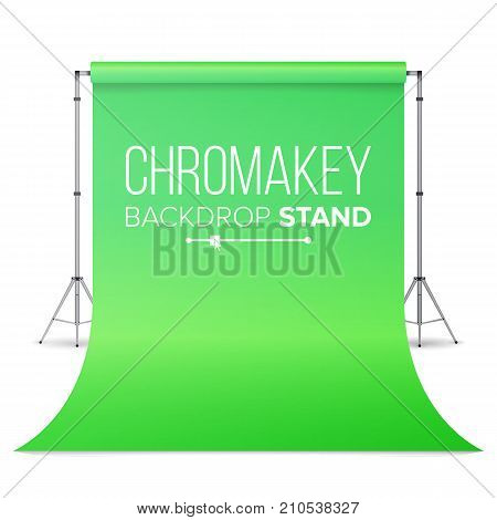 Empty Photo Studio Hromakey Vector. Modern Photo Studio. Green Backdrop Stand Tripods. Isolated Illustration.