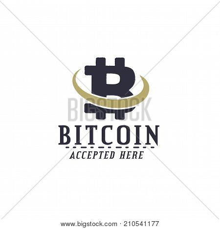 Bitcoin Accepted emblem. Crypto currencies label and concepts. Digital assets logo. Vintage han drawn monochrome design. Technology patch. Stock vector illustration isolated on white.