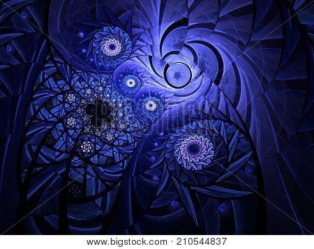 Spiral mosaic fractal pattern. Floral mosaic stain glass composition in blue tone