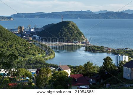 Kamchatka city landscape: view of central part of Petropavlovsk-Kamchatsky City Avachinskaya Bay (Avacha Bay) and Pacific Ocean. Kamchatka Region Russian Far East Eurasia.