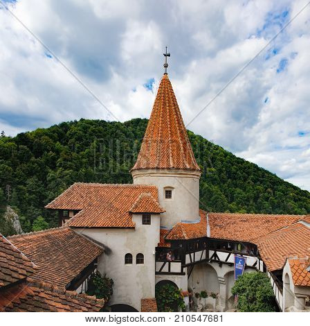 Bran, Romania - September 7, 2017: View of inside part of Bran or Dracula Castle in Transylvania, Romania. Tower of medieval Bran Castleor with tourists during the tour