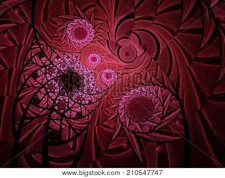 Spiral mosaic fractal pattern. Floral mosaic stain glass composition in deep red color