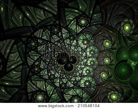 Spiral mosaic fractal pattern. Floral mosaic stain glass composition in green tone