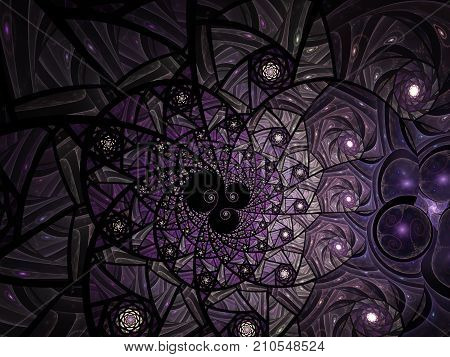 Spiral mosaic fractal pattern. Floral mosaic stain glass composition in purple and grey tone
