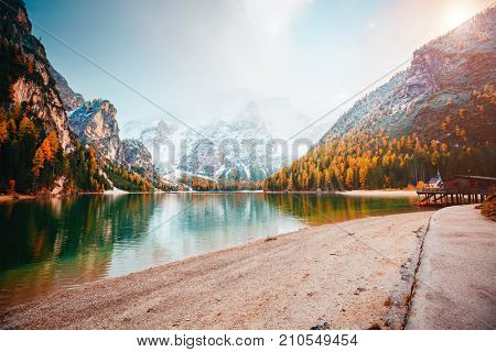 Scenic image of alpine lake Braies (Pragser Wildsee). Location Dolomiti, national park Fanes-Sennes-Braies, Italian Alps Europe. Fabulous wallpapers. Explore the beauty of earth. Tourism concept. 