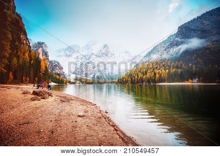 Scenic image of alpine lake Braies (Pragser Wildsee). Location Dolomiti, national park Fanes-Sennes-Braies, Italian Alps Europe. Fabulous wallpapers. Explore the beauty of earth. Tourism concept. 