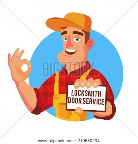 Locksmith Door Service Vector. Professional Master Repairman. Isolated Flat Cartoon Character Illustration