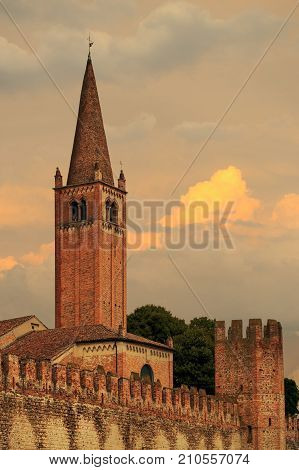 Montagnana, Italy - August 6, 2017: A Fortified City Wall Made Of Red Brick.