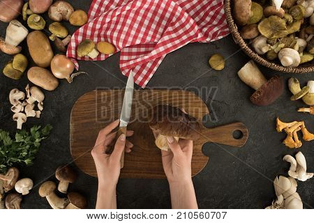 Woman Preparing To Cut Mushrooms