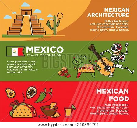 Mexico travel famous symbols or tourist traditional culture attractions and traditional cuisine food banners. Vector Mexican flag, Aztec or Maya pyramid architecture, sombrero and tequila or banjo