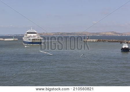 Kosa Chushka, Temryuk district, Krasnodar region, Russia - July 18, 2017: Ferry 