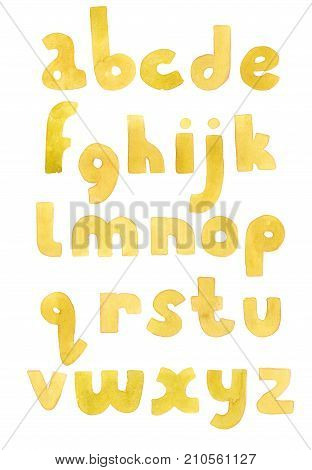 Large grainy watercolor bright lowercase letters. Bold alphabet sequence from A to Z. Bright yellow font.