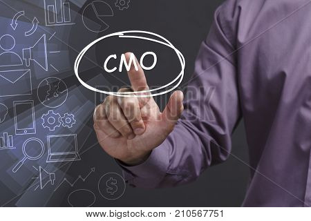 Business, Technology, Internet And Network Concept. Young Businessman Shows The Word: Cmo