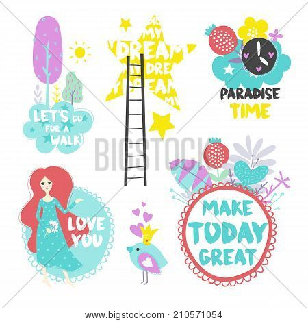 Summer vector elements collection. Colorful isolated hand drawn different items and lettering.