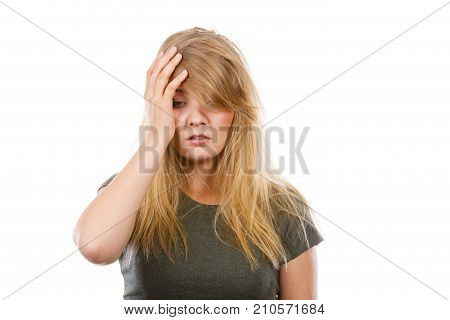 Woman Having Headache Putting Hand On Head