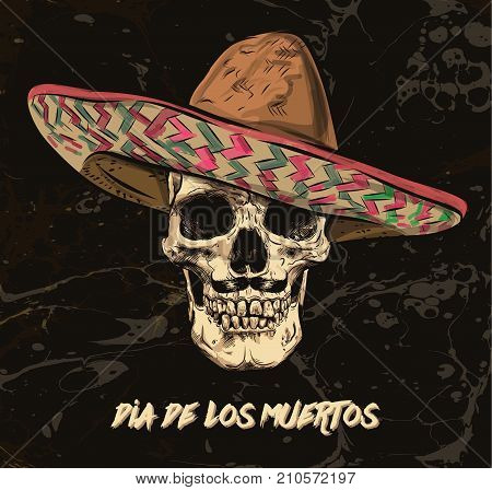 Mexican skull vector with sombrero with background