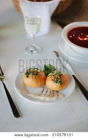 Russian and ukranian food - pampushki pastries on plate