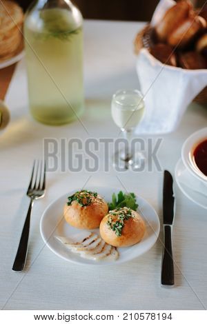 Russian and ukranian food - pampushki pastries on plate