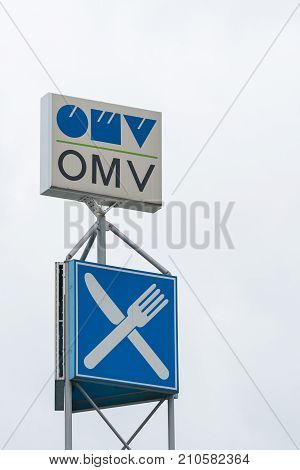23 of October, 2017, Editorial photo of Logo of OMV on the column, Brno, Czech Republic, CZ