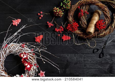Make a Christmas wreath with your own hands. Workplace for preparing handmade decorations. Top view. Copy space. Still life. Flat lay
