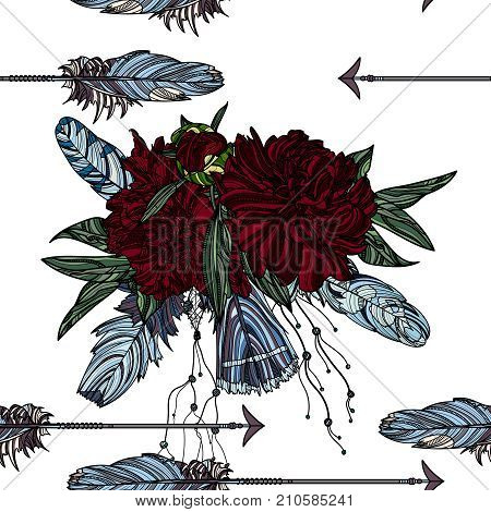 Boho style. Seamless pattern with athnic arrow with beautiful feathers and peony bouquet on white background.
