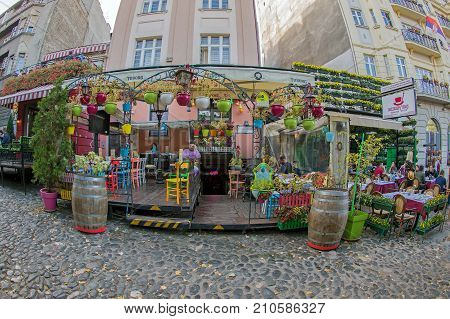 BELGRADE SERBIA - OCTOBER 21 2017 - Restaurant on the old street Skadarlija the main bohemian place of Belgrade.
