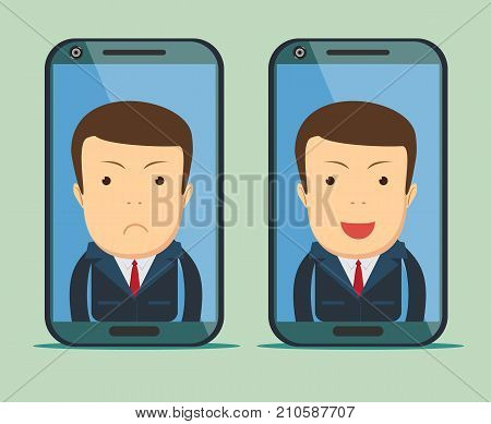 Screen smartphone with virtual assistant - businessman. Hi-tech flat design concept. Stock vector illustration.