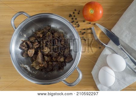 Turkish scrambled eggs with Kavurma / Omlet or Omelette.