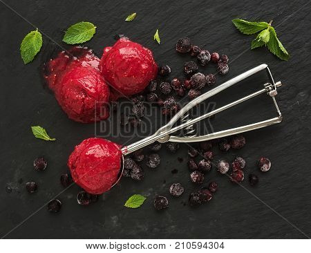 Scoops of berry sorbet or ice-cream with frozen black-currant, mint and metal scooper on black slate tray over dark grunge backdrop, top view