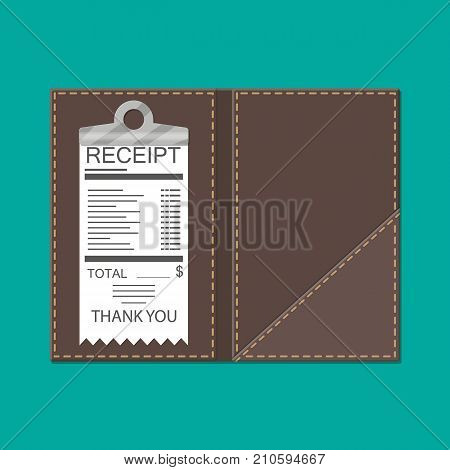 Leather folder for cash, coins and cashier check. Thanks for the service in the restaurant. Money for servicing. Good feedback about the waiter. Gratuity concept. Vector illustration in flat style