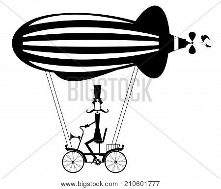 Mustache man in the top hat flies on the airship isolated