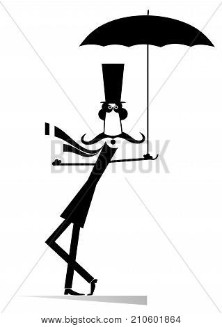 Mustache man in the top hat with umbrella isolated. Mustache man in the top hat with umbrella staying on the wind