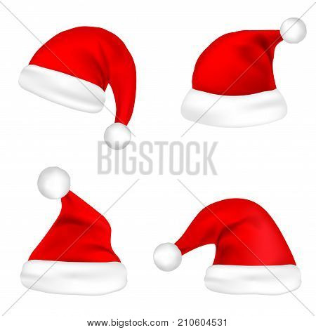 Christmas Santa Claus Hats Set. New Year Red Hat Isolated on White Background. Vector illustration.